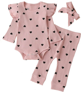 Baby Girl 3PC Rib Frill Romper & Pant Set – Long Sleeve